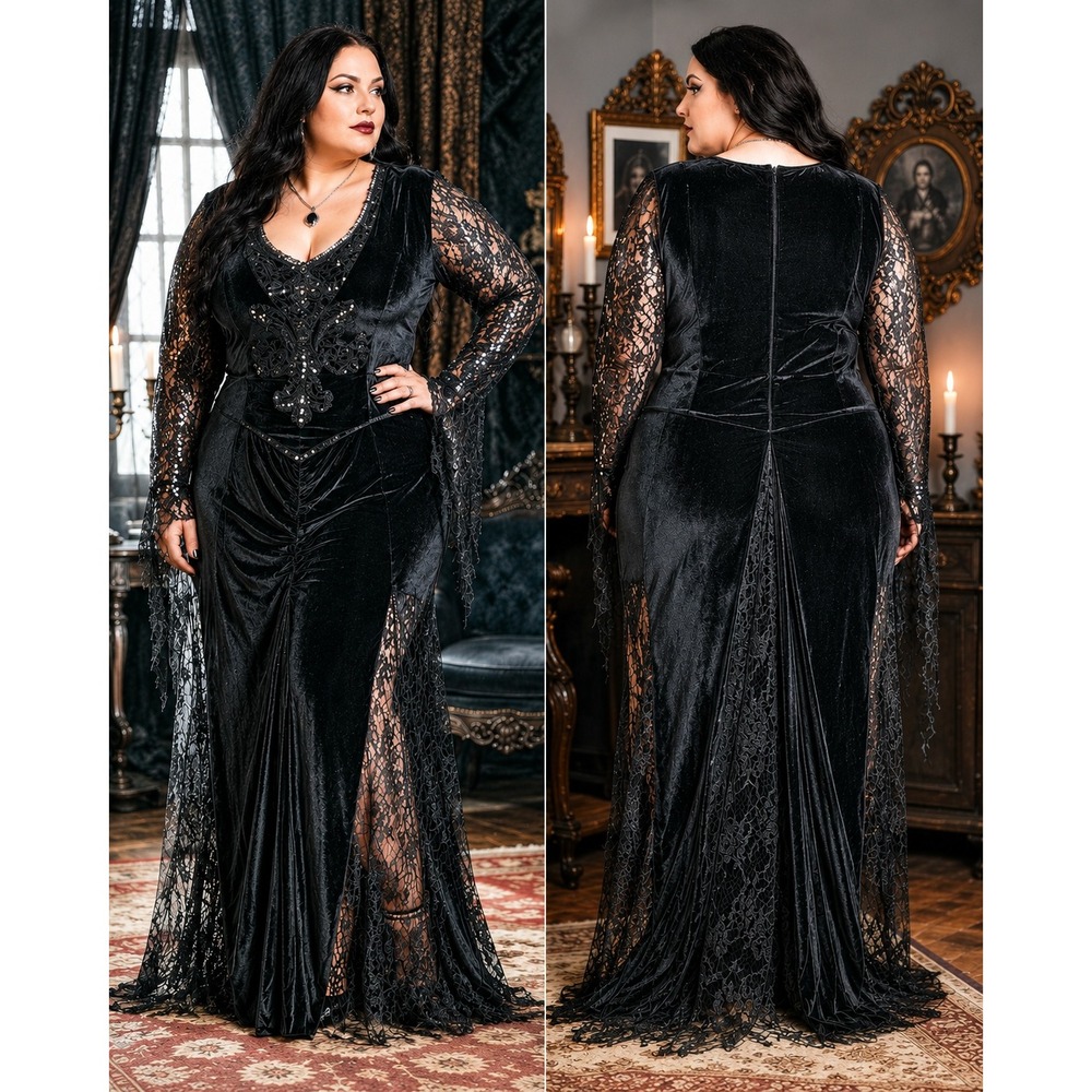 Dreamgirl Women L Gown Black Morticia Adams Gothic Halloween Velvet Lace Sequin